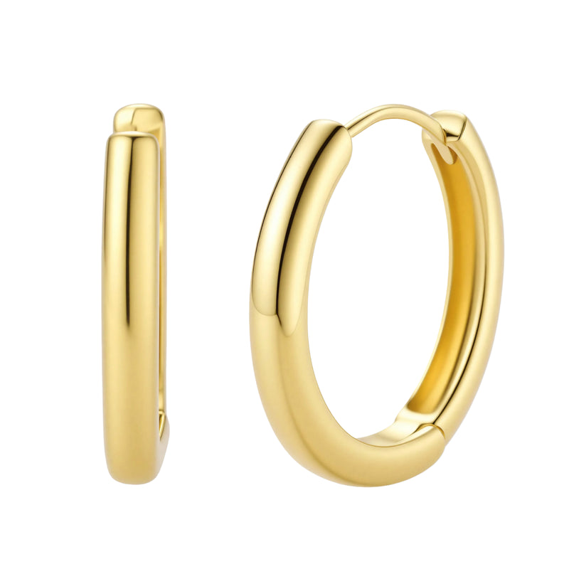 Polished gold-plated sterling silver hoop earrings with hinged closure mechanism on white background.