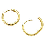 Polished gold-plated sterling silver hoop earrings with hinged closure mechanism on white background.