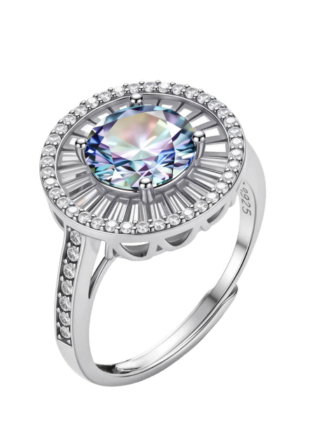 Close-up of sterling silver halo ring with round rainbow moissanite center stone surrounded by baguette-cut stones