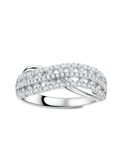 Sterling silver crossover ring with pavé-set moissanite stones creating an elegant infinity design on neutral background
