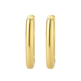 Polished gold-plated sterling silver hoop earrings with hinged closure mechanism on white background.