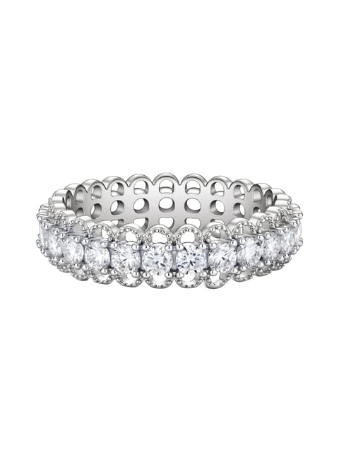 Sterling silver eternity ring with continuous row of brilliant moissanite stones in scalloped crown setting with milgrain detail
