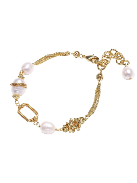 14K gold plated bracelet with freshwater pearls, filigree details, and mixed geometric elements on white background.