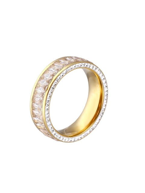 14K gold-plated ring with dual rows of clear baguette and round zirconia stones on cream background.