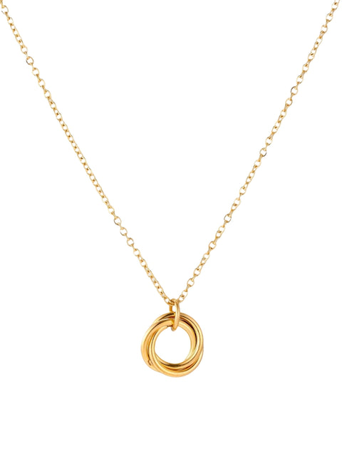 Delicate gold-plated necklace with three interlocking circle rings forming a minimalist knot pendant on cream background