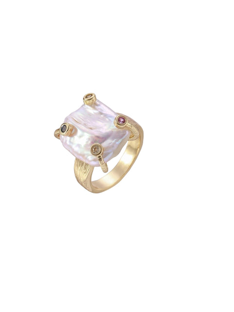 Gold ring with large iridescent baroque pearl and four colored gemstones on textured band