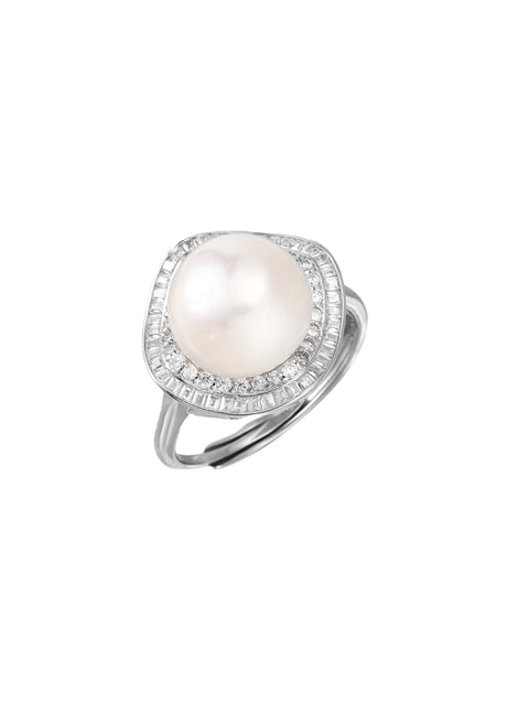 Rhodium-plated silver ring with round pearl center, double halo of baguette and round crystals forming cushion shape