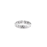 White gold adjustable ring with geometric triangle cutouts and zirconia stones on cream background