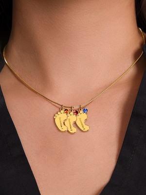 Engraved Baby Feet Necklace with Birthstone