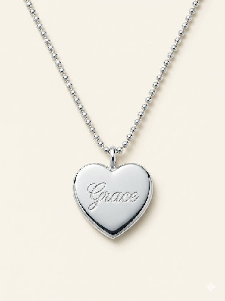 Engraved Heart Necklace with Beaded Chain - Stainless Steel