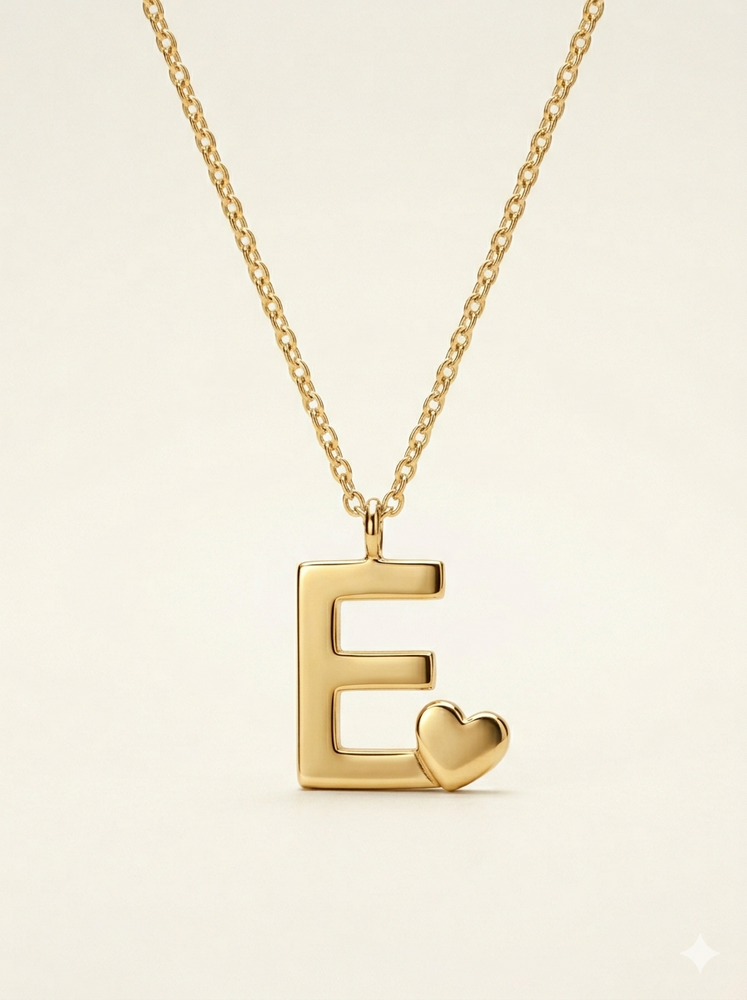 Initial Necklace with Heart - 24K Gold Plated