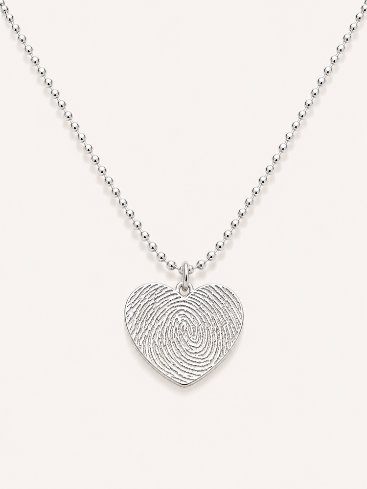 Engraved Fingerprint Heart Necklace with Beaded Chain - Sterling Silver