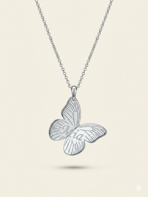 Tilted Butterfly Necklace with Name - Sterling Silver