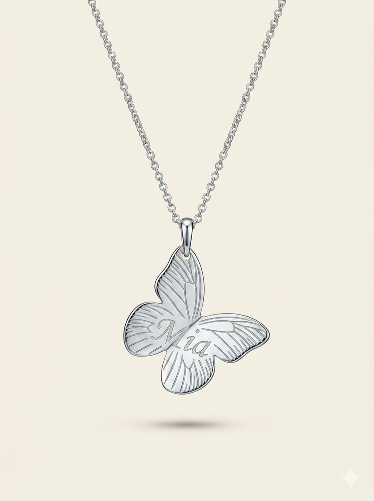 Tilted Butterfly Necklace with Name - Sterling Silver