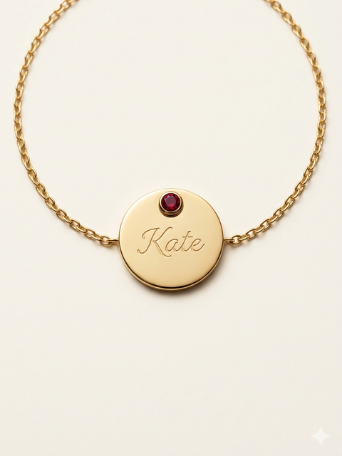 Personalized Engraved Disc Bracelet with Birthstone - 24K Gold Plating