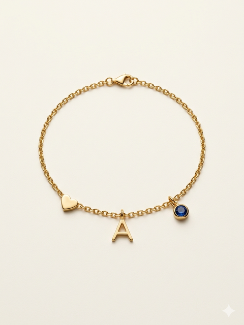 Personalized Heart Birthstone Initial Charm Bracelet - Stainless Steel with Gold Plating