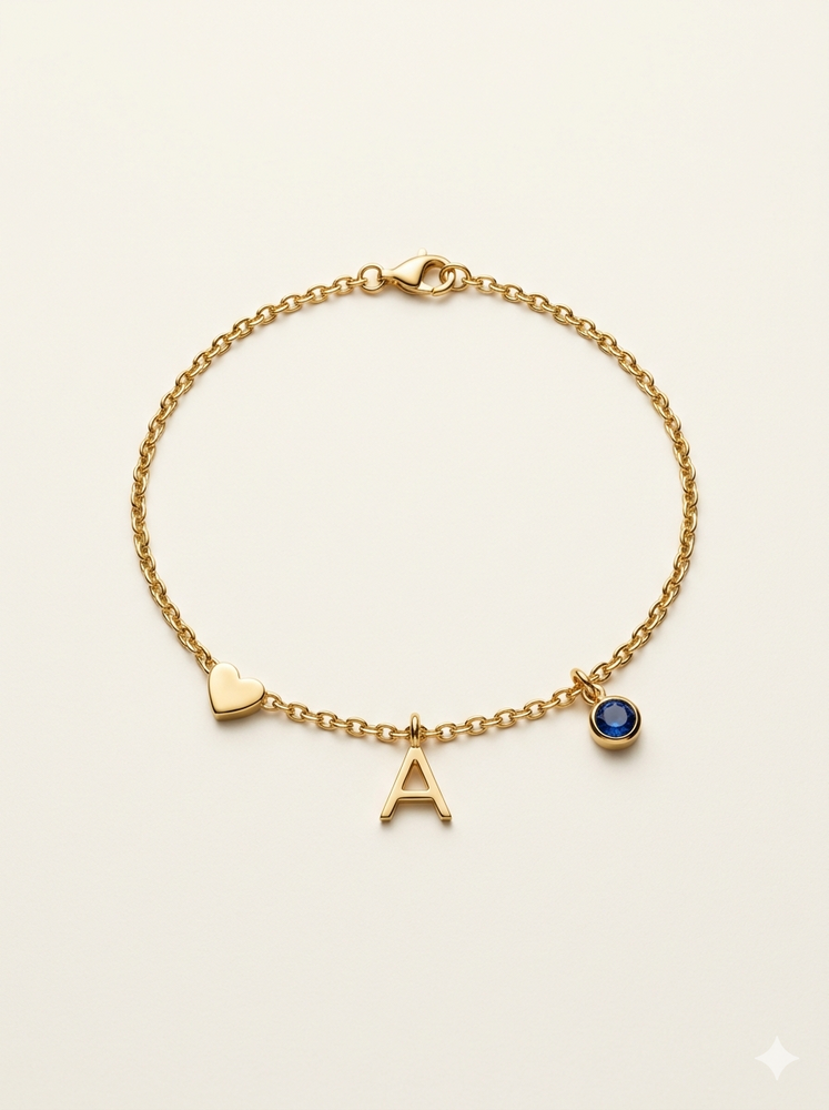 Personalized Heart Birthstone Initial Charm Bracelet - Stainless Steel with Gold Plating